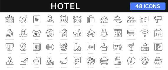 Hotel thin line icons set. hotel service, booking editable stroke icon collection. Vector