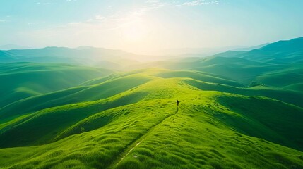 Wall Mural - A person walking on a green hill in the sun.