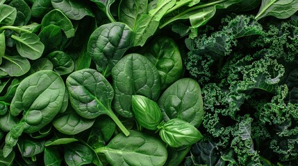 A close-up shot of fresh spinach and kale leaves.  Green leafy vegetables for a healthy diet.