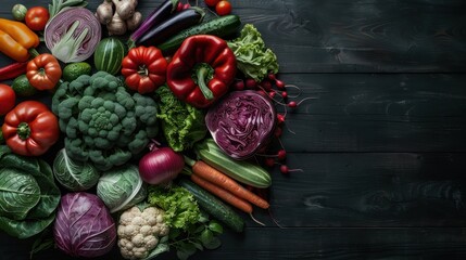 Sticker - The image depicts a variety of fresh vegetables including broccoli, carrots, peppers, cabbage, and cucumbers artistically arranged on a dark wooden table, emphasizing their vibrant colors and texture