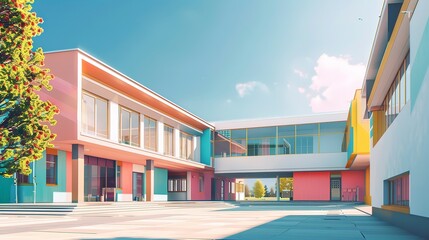 Canvas Print - Sunny Day Exterior View of Public School Building - Educational Architecture and Community Concept