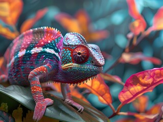 Sticker - Vibrant Chameleon Blending into Colorful Rainforest Background Showcasing Changing Hues