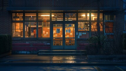 Poster - An evening shot of a school building from the outside, with warm lights shining through classroom windows and a calm, peaceful ambiance. 