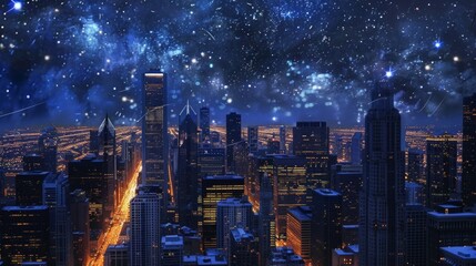 Canvas Print - A cityscape with skyscrapers illuminated by city lights under a starry night sky.