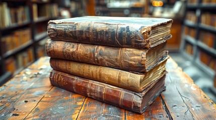 Wall Mural - A stack of vintage, aged books on a wooden table in an old library. The image conveys a sense of history and knowledge. It is perfect for themes related to education, literature and past decades. AI