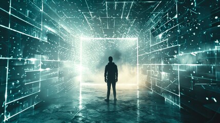 Wall Mural - futuristic cyber room with figure in center. an ai-generated image depicting a silhouette in a neon-