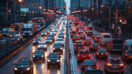Fototapete - A congested city bridge with cars and trucks moving slowly across during evening traffic.