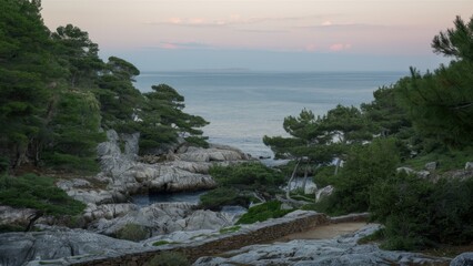 Sticker - A view of a forested area with rocks and water, AI