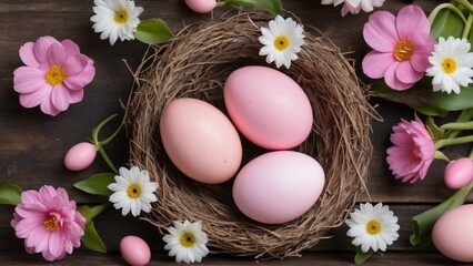 In the bird nest, three pink eggs with pink and white flowers