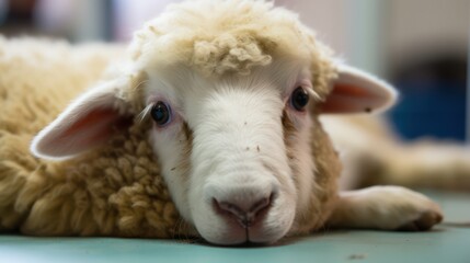 Sad sheep in a veterinary clinic.