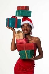 Wall Mural - During the festive season, a joyful young lady in a Santa hat cheerfully juggles Christmas presents, beaming brightly. She captures the holiday spirit with enthusiasm and excitement