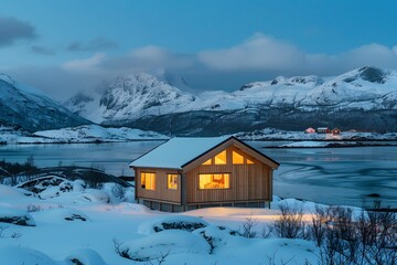 small cozy cabin in the snow, surrounded by mountains