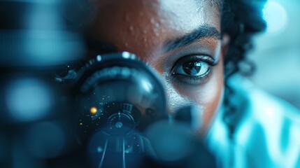 Wall Mural - a detailed close-up image showing a scientist's eye observing through a lens, highlighting the preci