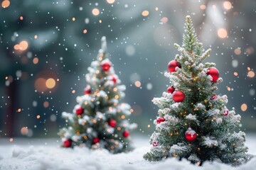 two christmas trees with ornament christmas snow celebration.