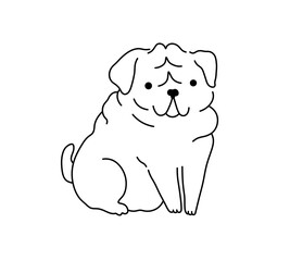 Wall Mural - vector isolated cute cartoon funny sitting pug colorless black and white contour line easy drawing