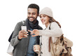 © kite_rin - Beautiful happy young couple using smartphone isolated transparent PNG. Joyful smiling woman and man looking at mobile phone. Love, travel, tourism, students lifestyle concept