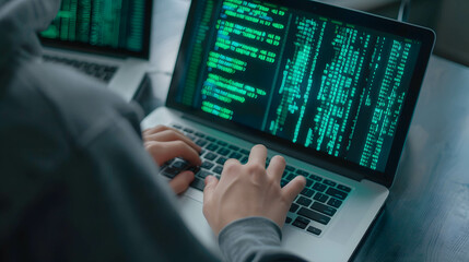 programmer or coder or hacker working, a person in a hood typing on a laptop with green code on the screen