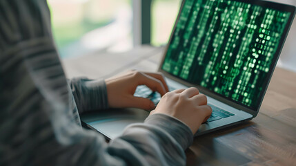 programmer or coder or hacker working, a person in a hood typing on a laptop with green code on the screen