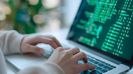 programmer or coder or hacker working, a person in a hood typing on a laptop with green code on the screen
