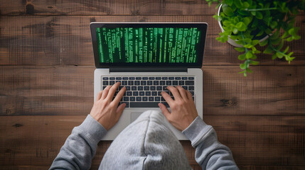 programmer or coder or hacker working, a person in a hood typing on a laptop with green code on the screen