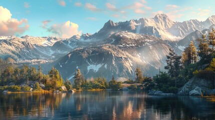 Wall Mural - Beautiful tranquil mountain landscape. Majestic snow-capped peaks reflect in a serene lake. Crisp blue sky with soft clouds adds to the picturesque scene. 