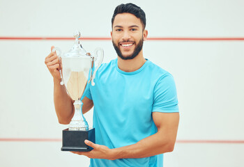 Poster - Sports man, portrait smile and trophy for winning competition, challenge and success indoor court. Male athlete, happy and award for squash champion, achievement and contest or game winner in arena