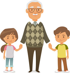 Wall Mural - cute illustration of a grandfather holding hands with his grandchildren, a boy and girl. Family and bonding concept between children and elderly people. Cartoon character.