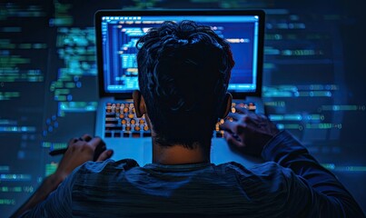 A man is typing on a laptop computer with a blue screen behind him