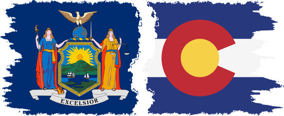 Colorado and New York states grunge brush flags connection, vector