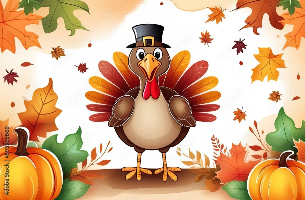 Cute Cartoon Turkey Bird. Happy thanksgiving day. Banner, poster or ...