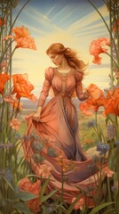 Wall Mural - An art nouveau drawing of a woman in flower field painting fairy plant.