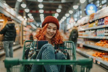 In the supermarket, a happy European lady is posing with a trolley cart while using her mobile phone. She is advertising an online shop.