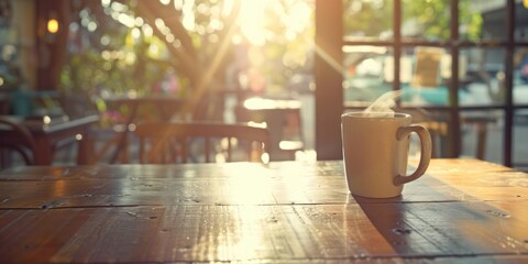 A cup of coffee sits alone on a wooden table, perfect for a quiet morning moment