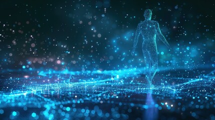 Wall Mural - a man is walking through a network of blue lights