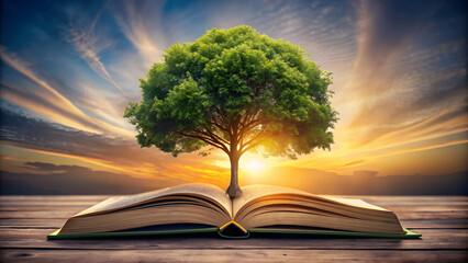 Open book with green tree growing out of pages. Ecology concept.