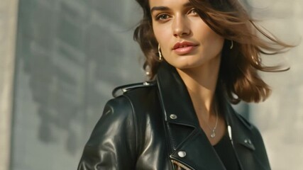 Wall Mural - A classic black leather jacket meticulously crafted, worn by a model with a confident attitude, reflecting boldness and power