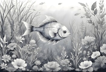 Wall Mural - Concept photo of a black white watercolor fish illustration