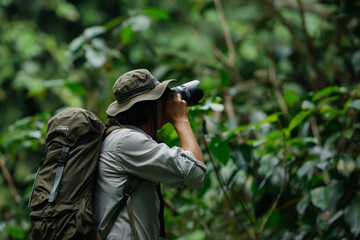 Wall Mural - man photographing wildlife in dense jungle