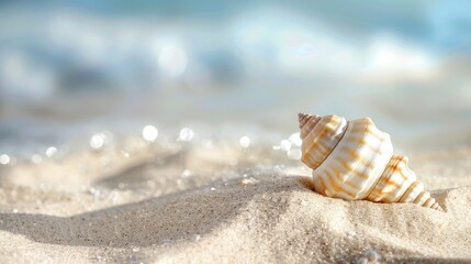 Canvas Print - Seashell on smooth beach sand, summer texture banner