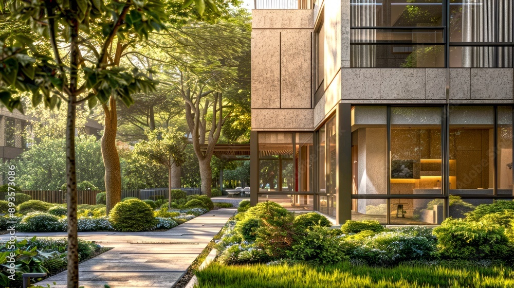 Modern exterior of a building with lush green landscape. This image ...