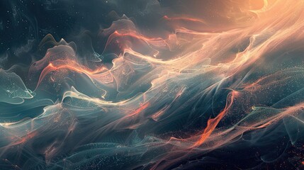 Wall Mural - Stunning scene with teal and coral particle wave light reflections and misty layer
