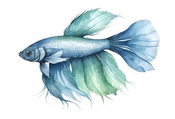 Wall Mural - A watercolor a blue and green betta fish illustration on white background with space for text