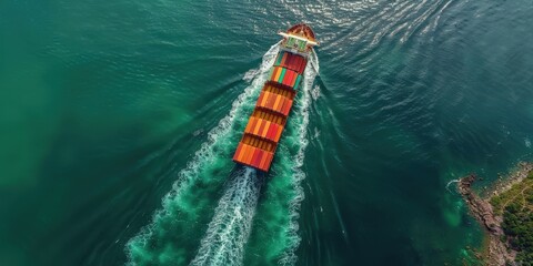 Wall Mural - Aerial View of Cargo Ship Sailing on Ocean