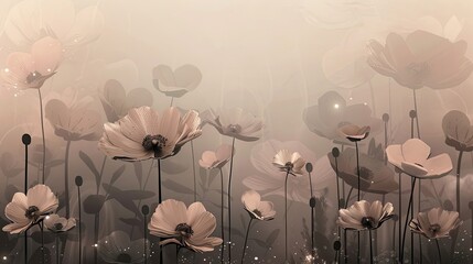 Canvas Print - Serene wallpaper with muted earth-tone flowers and glowing light points