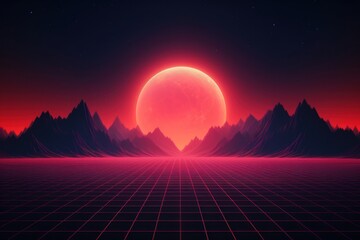 Wall Mural - Retrowave red moon landscape astronomy nature.