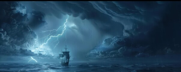 Wall Mural - A stormy ocean with a lightning bolt in the sky. Free copy space for banner.