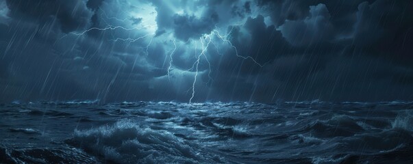 Wall Mural - A stormy ocean with a lightning bolt in the sky. Free copy space for banner.