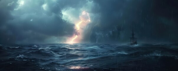 Wall Mural - A stormy ocean with a lightning bolt in the sky. Free copy space for banner.