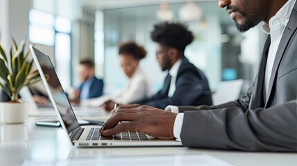 Wall Mural - Young businessman using a laptop during a group meeting at a modern office table.