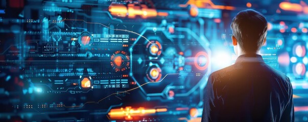 Wall Mural - Man facing digital interface with futuristic technology graphics. Free copy space for banner.